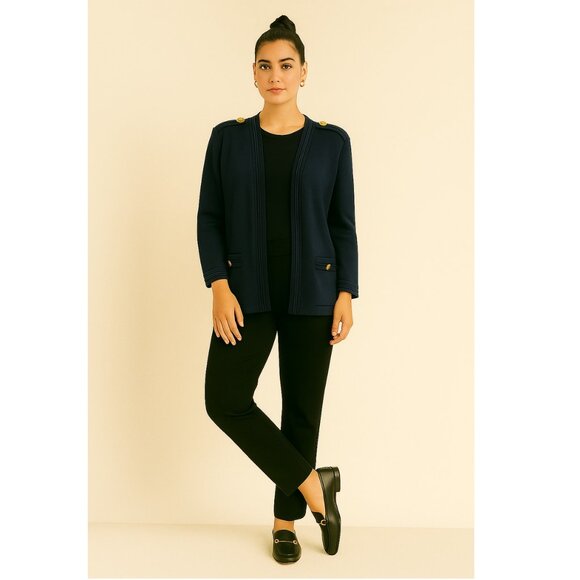 VTG St. John Basics Navy Santana Knit Open Cardigan Gold Crested Buttons Small - Picture 14 of 14